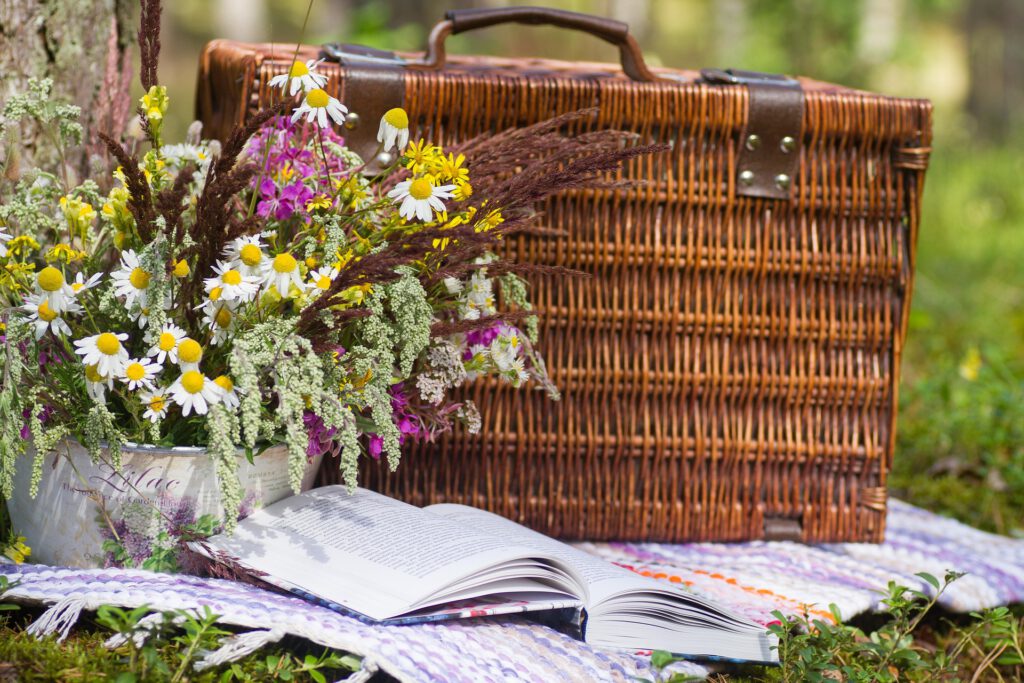 Picknickkorb, Blumen, Decke und Buch auf einer Wiese